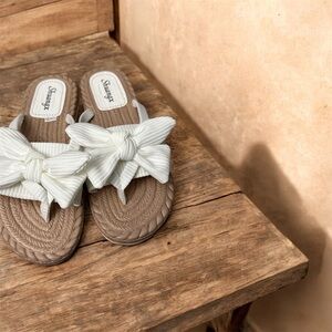 Women's Beige Sandals with White Bow